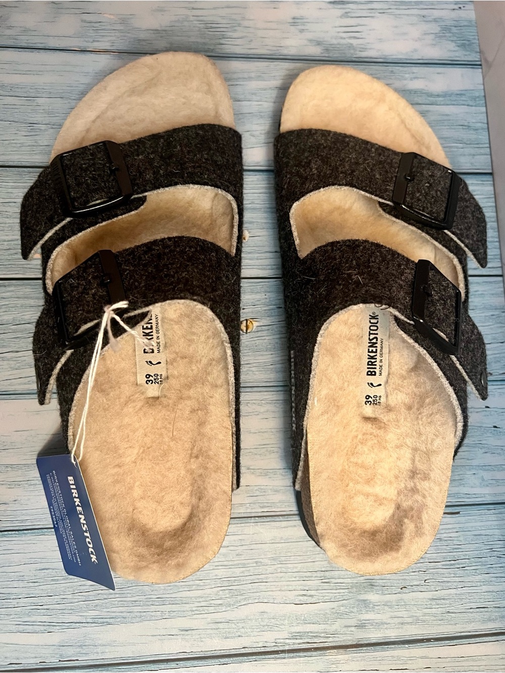 Birkenstock Women's Gray Felt Arizona Shearling Sandals with Black Buckles